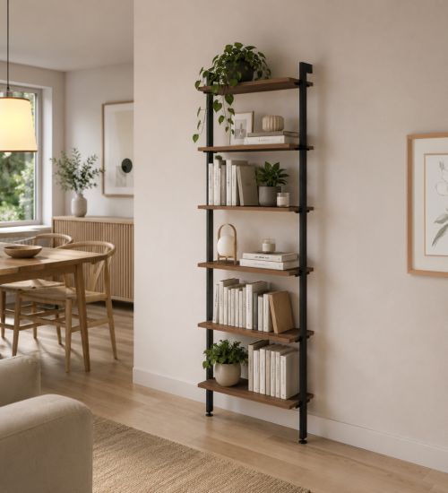 ETAGERE ACIER / NOYER AVEC RETOUR MURAL