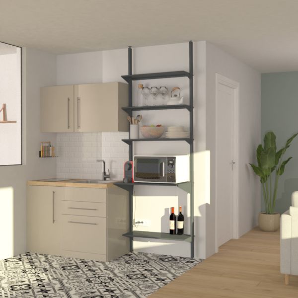 Colonne De Cuisine Avec Niche Micro-ondes - 5 Niches, 2 Portes, Grise, L60xH193xP53.5 Cm - Meuble Rangement